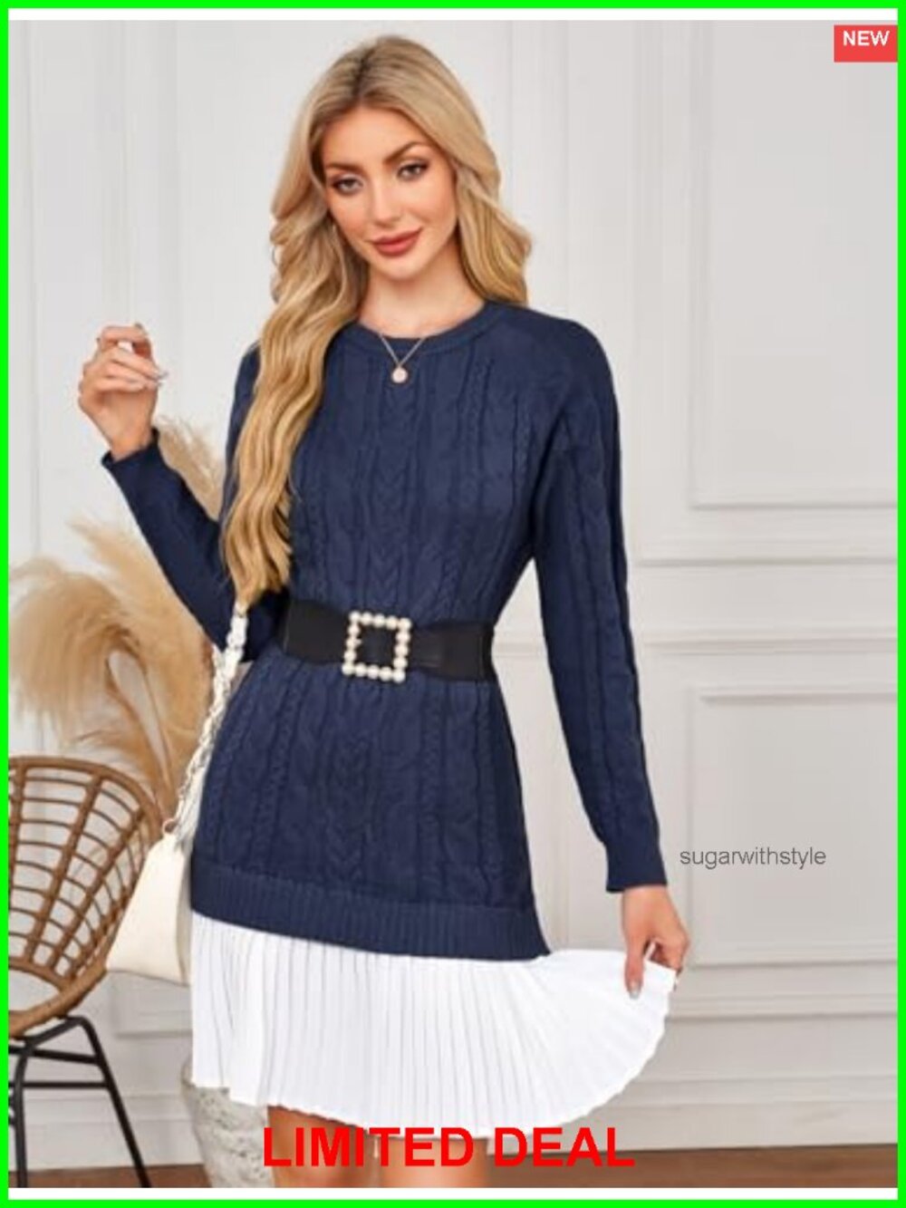 Cable Knit Sweater Dress Long Sleeve Pleated Mini - Picture 3 of 6